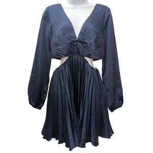 NEW‎ Abercrombie Fitch Navy Blue Pleated Cutout Plunge Neck Mini Dress Medium